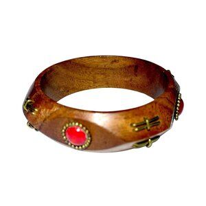 Vintage Two's Company Wooden Bangle Bracelet With Red Stone Accents & Brass Deta